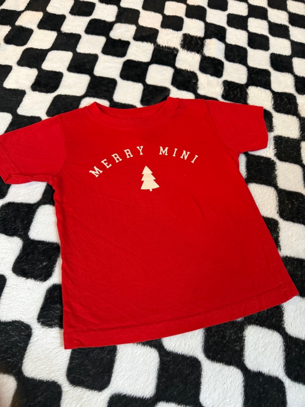 Rabbit Skins Red Tee with White 'MERRY MINI' Tree Graphic